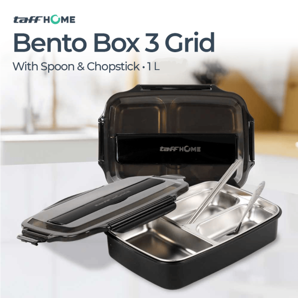 TaffHOME Kotak Makan Healthy Bento Lunch Box 3 Grid with Spoon & Chopstick - OU1000 - Black