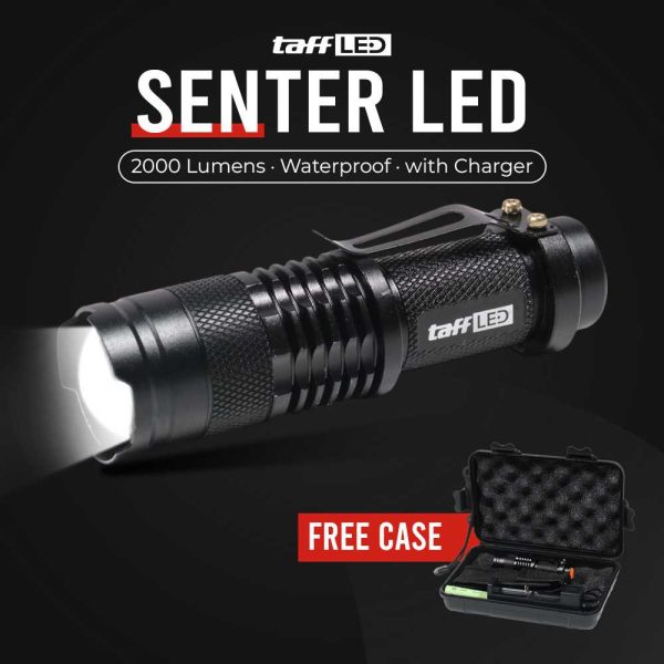 TaffLED Senter LED 2000 Lumens Waterproof + Charger + Box Pocketman P1