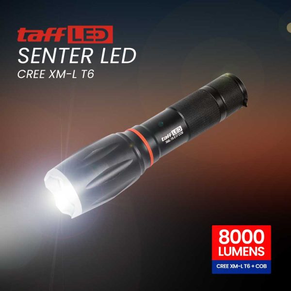 TaffLED Paket Senter LED Torch Cree XM-L T6 8000 Lumens + Charger + Box - E17 COB