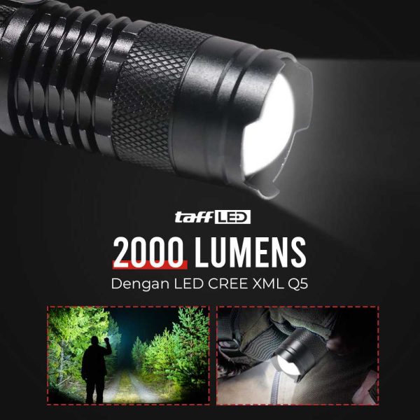 TaffLED Senter LED 2000 Lumens Waterproof + Charger + Box Pocketman P1