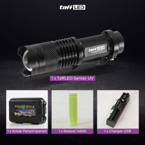 TaffLED Senter LED 395nm Ultraviolet + Baterai + Charger + Box Pocketman P1