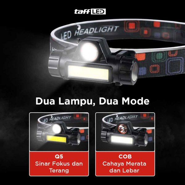 TaffLED Senter Kepala LED Headlight USB Rechargeable Q5 + COB - LE022