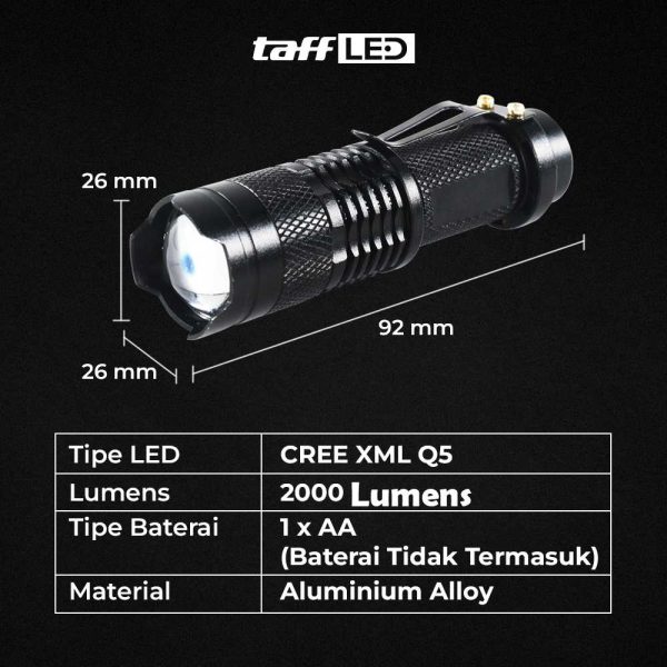 TaffLED Senter LED 2000 Lumens Waterproof Pocketman P1