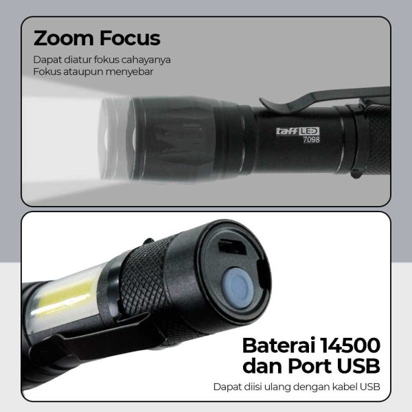 TaffLED Albinaly Senter LED USB Rechargeable Q5 + COB 2300 Lumens - 1517