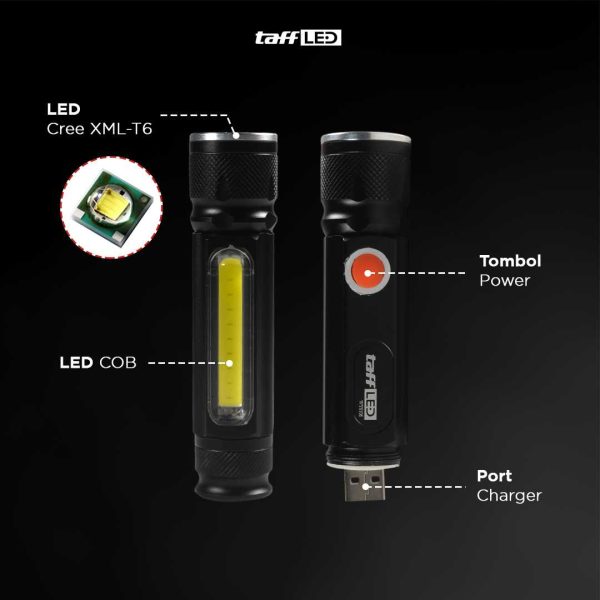 TaffLED Senter LED Lantera USB Rechargeable Cree XML T6 + COB 2300 Lumens - WY8106
