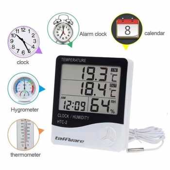 Taffware Alat Ukur Suhu Kelembapan Digital dengan Jam Alarm Kalender - HTC-2