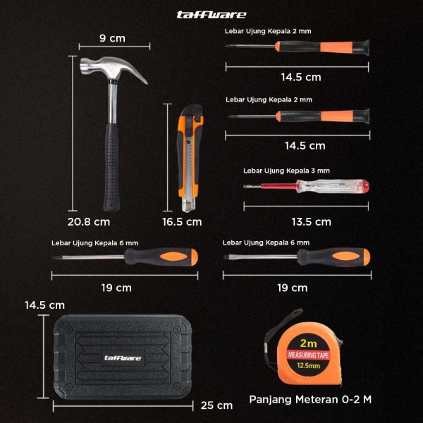 Taffware Alat Set Perkakas Palu Obeng Cutter Meteran 8 in 1