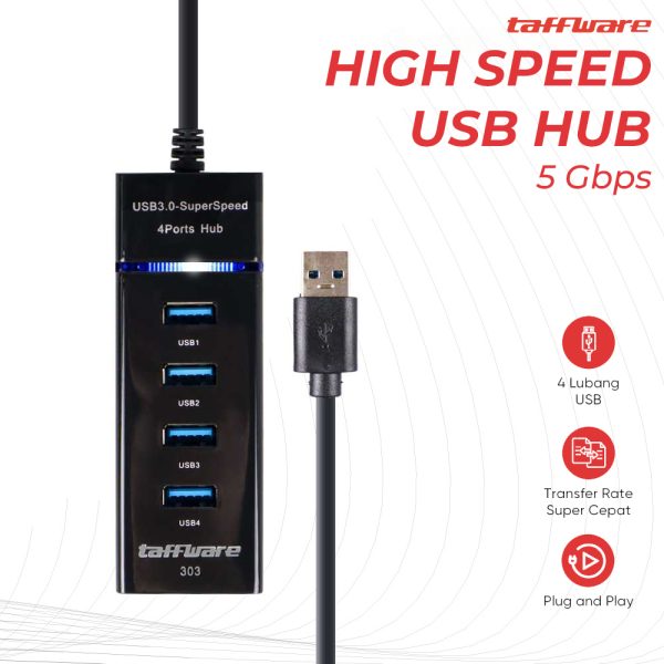 Taffware High Speed 4 Ports USB HUB 3.0 Adapter 5Gbps for Laptop PC/Notebook/Computer - 303