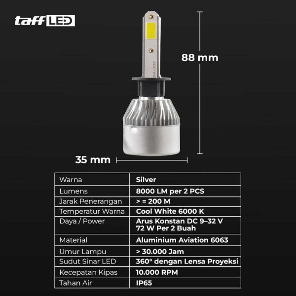 TaffLED Lampu Depan Mobil LED COB Headlamp 8000 Lumens IP65 Cool White - S2