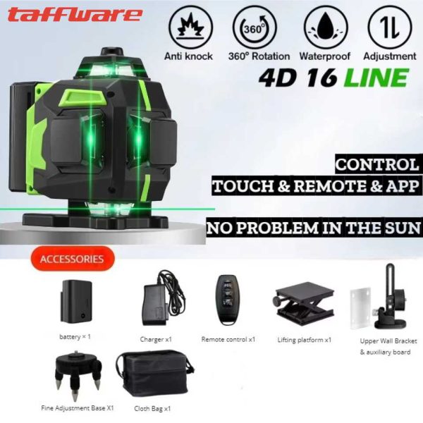 Taffware Laser Level Green Beam 4D 16 Line Alarm Remote Smart App - BT360