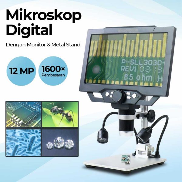 Taffware Mikroskop Digital 12MP 1600X dengan Monitor and Metal Stand - G1600