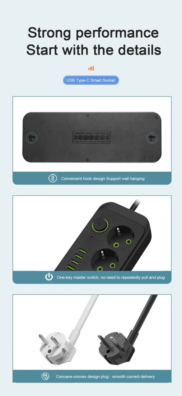 Taffware Stop Kontak 3 Plug 4 USB 1 USB Type C 10A 250V 2500W 2.1A - QL-1074U