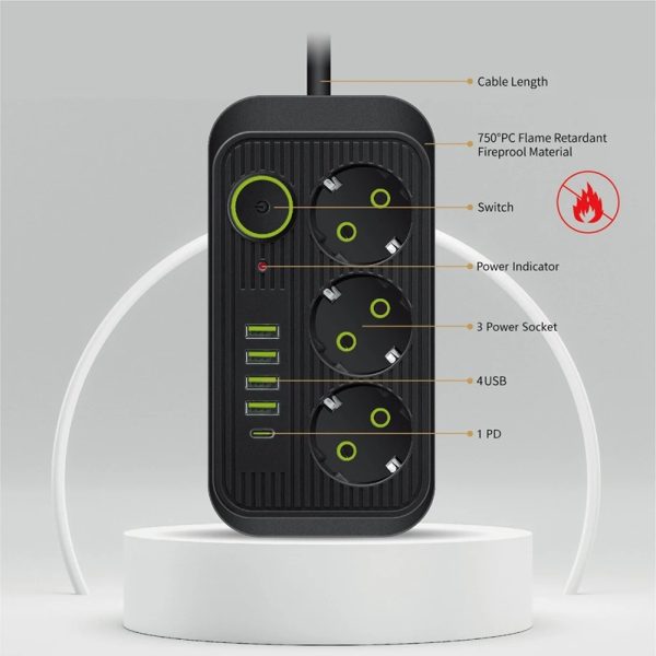 Taffware Stop Kontak 3 Plug 4 USB 1 USB Type C 10A 250V 2500W 2.1A - QL-1074U