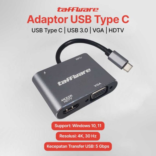 Taffware Video Adaptor 4 in 1 USB Type C to HDTV VGA PD Charging 4K - D87