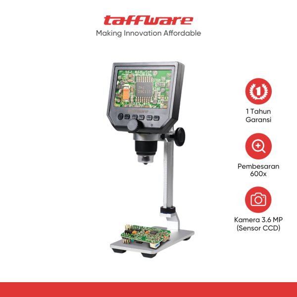 Taffware Mikroskop Digital 3.6MP 600X dengan Monitor & Metal Stand - G600