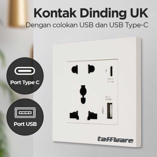 Taffware Stop Kontak Dinding UK 2 Port USB Type C Socket - DZ-BLCX-11