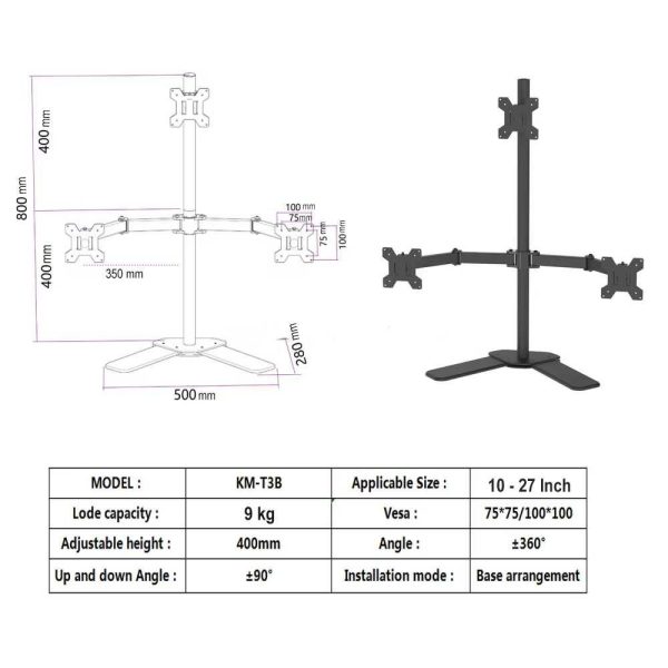 Taffware Bracket TV Table Stand Triple Monitor VESA 100x100 10-27 Inch - KM-T3B