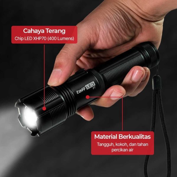 TaffLED Senter LED Tactical Flashlight Zoomable Head XHP70 400 Lumens - P7