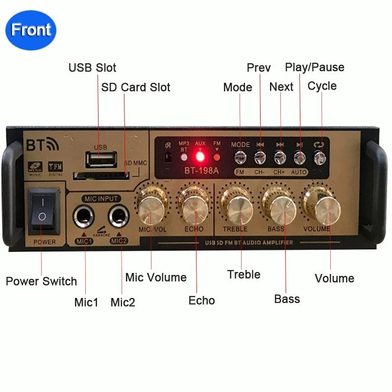 TaffSTUDIO Audio Amplifier Bluetooth HiFi DSP Mic Input 2 Channel - BT-198A