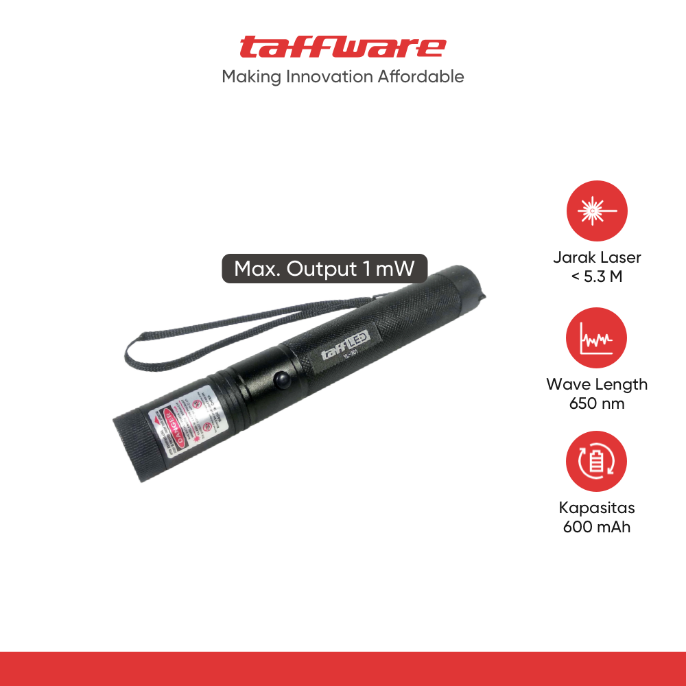 ginee_20251210143516567_4298427774.png TaffLED Laser Pointer Presentasi Red Beam 1MW 650nm with Battery - YL-301