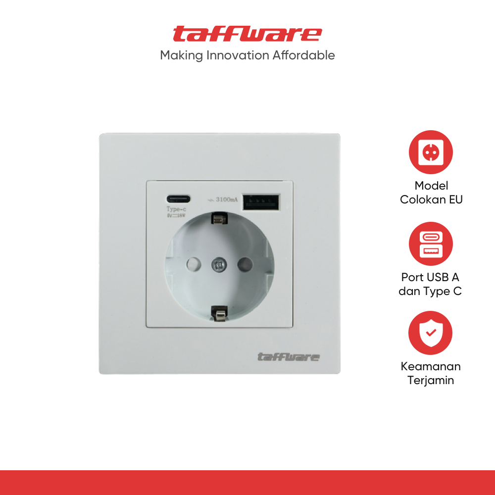 Taffware Stop kontak Dinding USB Type C Soket Listrik Square Wall - HB16
