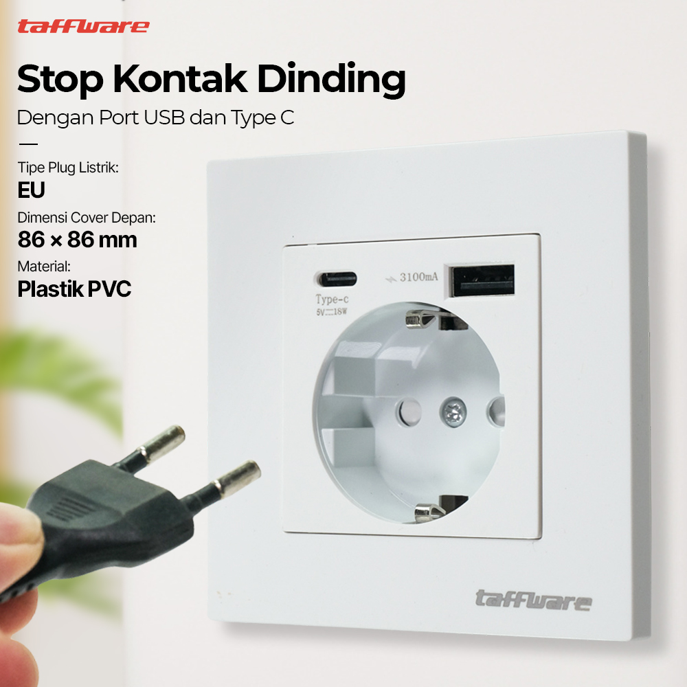 crop - 5 Taffware Stop kontak Dinding USB Type C Soket Listrik Square Wall - HB16