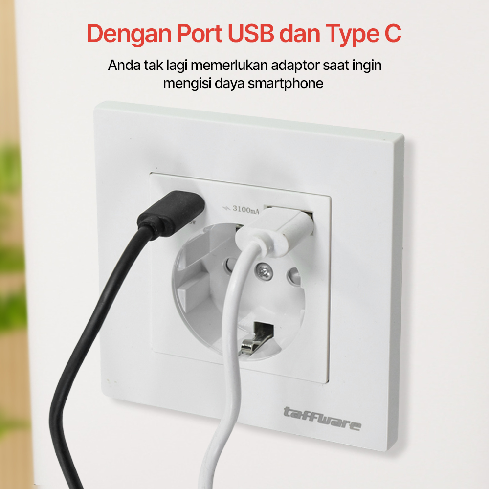 crop - 9 Taffware Stop kontak Dinding USB Type C Soket Listrik Square Wall - HB16