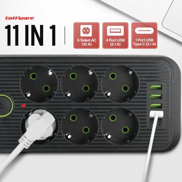 taffware-stop-kontak-kabel-usb-type-c-10a-110-250v-2500w-18m-6-lubang-f06uql-1075u (1) Taffware Stop Kontak USB Type C EU Plug Flame Retardant 10A 220V 2500W - QL-1075U