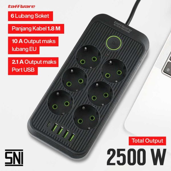 taffware-stop-kontak-kabel-usb-type-c-10a-110-250v-2500w-18m-6-lubang-f06uql-1075u (3) Taffware Stop Kontak USB Type C EU Plug Flame Retardant 10A 220V 2500W - QL-1075U