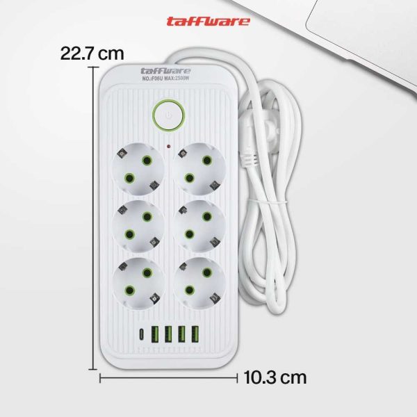 taffware-stop-kontak-kabel-usb-type-c-10a-110-250v-2500w-18m-6-lubang-ql-1075u (1) Taffware Stop Kontak USB Type C EU Plug Flame Retardant 10A 220V 2500W - QL-1075U