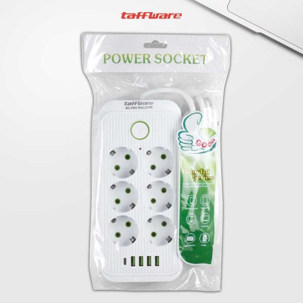 taffware-stop-kontak-kabel-usb-type-c-10a-110-250v-2500w-18m-6-lubang-ql-1075u Taffware Stop Kontak USB Type C EU Plug Flame Retardant 10A 220V 2500W - QL-1075U