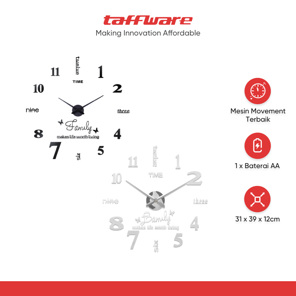 Taffware Jam Dinding Besar DIY Giant Wall Clock Quartz 100 cm - JM-01