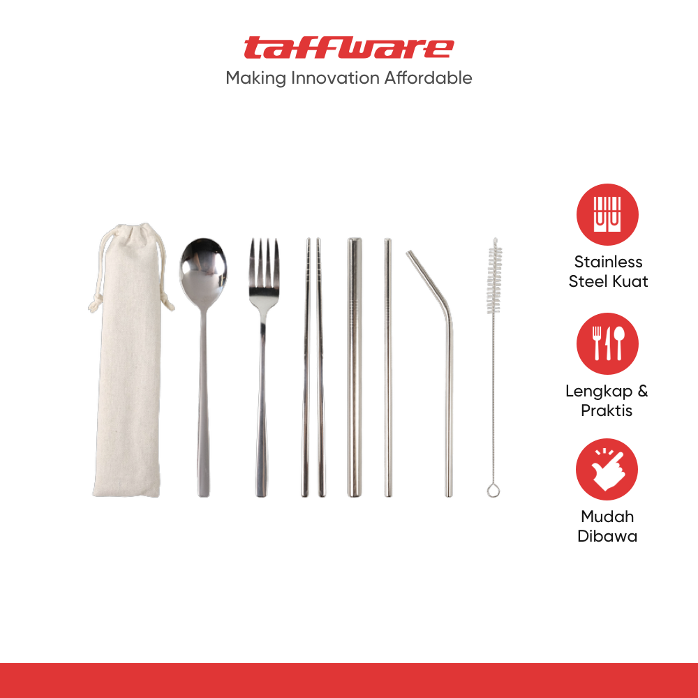 TaffHOME Set Alat Makan Sendok Garpu Sumpit Sedotan Cutlery with Pouch - T1