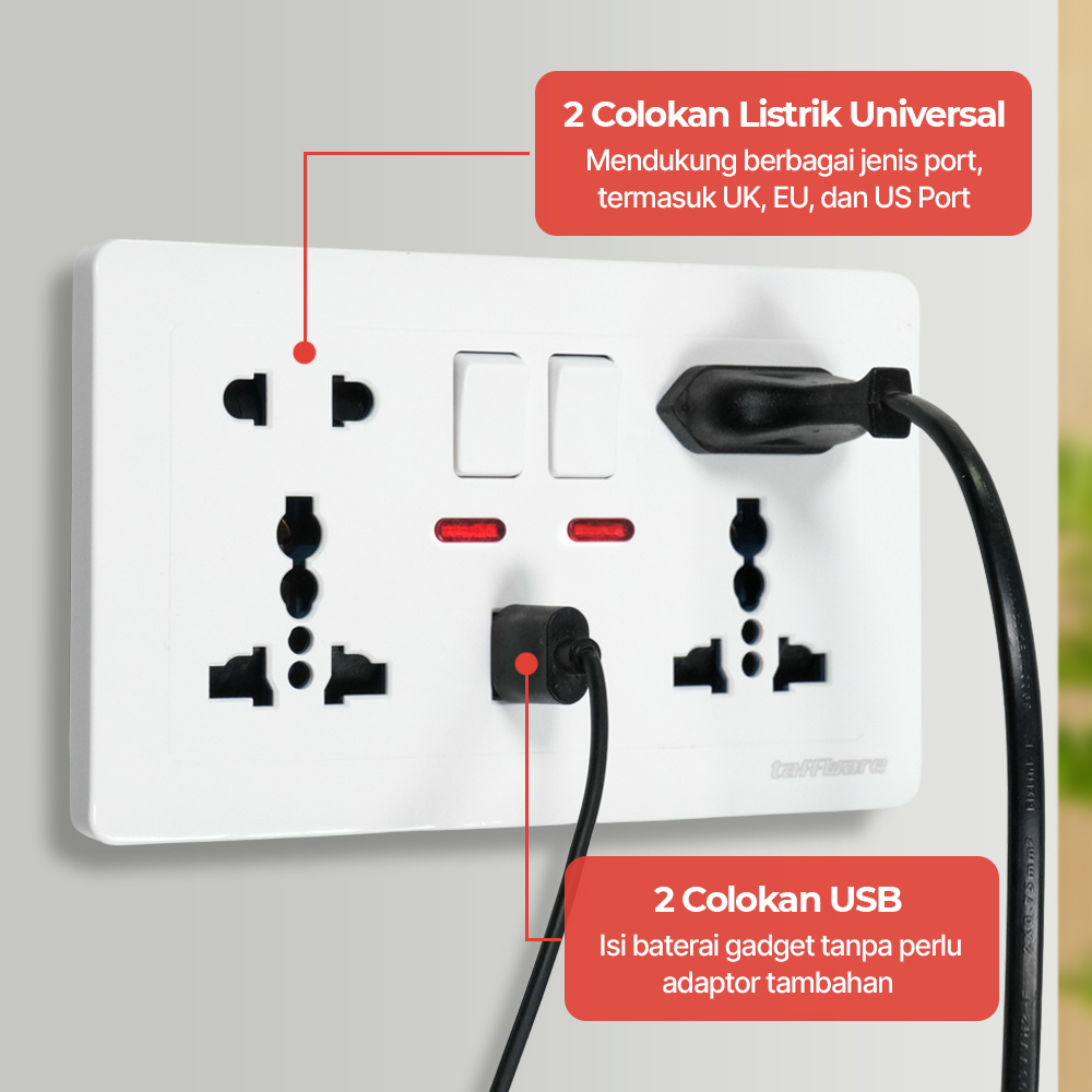 Taffware Stop Kontak Universal UK EU US 2 Slot 2 USB On/Off Switch - LC-86
