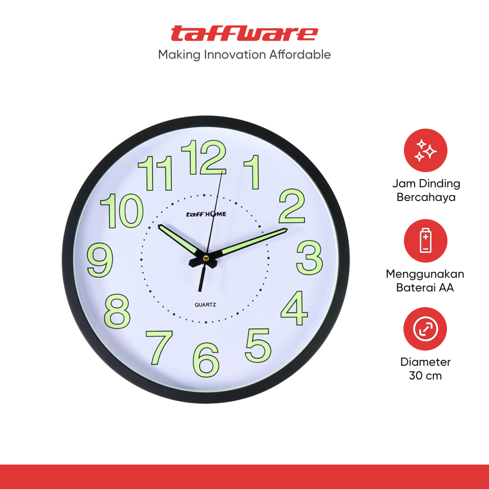 TaffHOME Jam Dinding Bulat Quartz Luminous Glow in The Dark 30CM