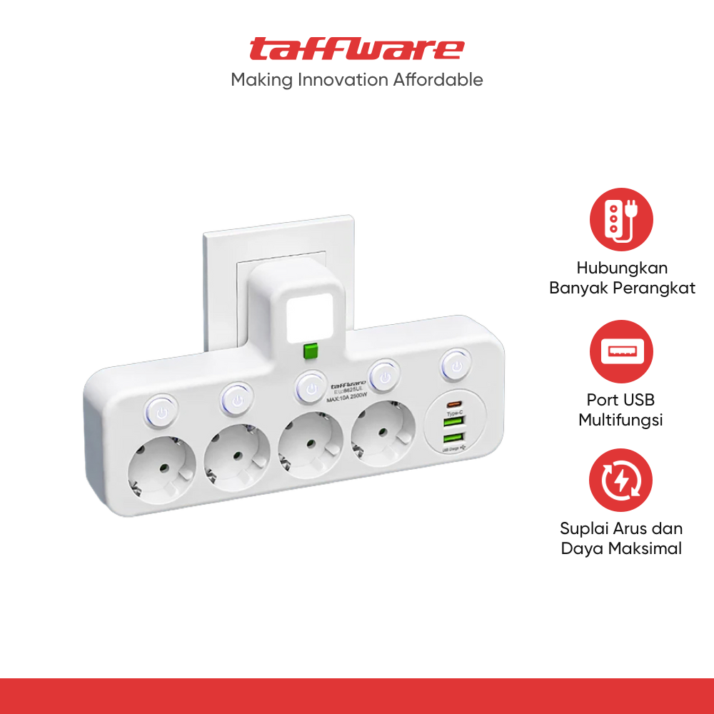 Taffware Stop Kontak 4 Lubang USB Type C EU Plug 10A 110-250V 2500W - EU-8625UL