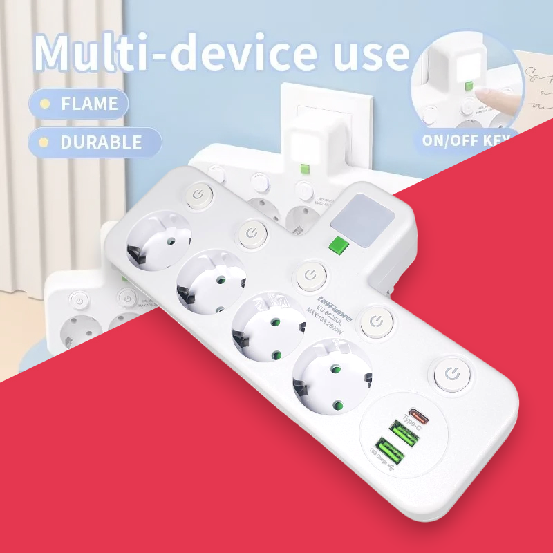 Taffware Stop Kontak 4 Lubang USB Type C EU Plug 10A 110-250V 2500W - EU-8625UL