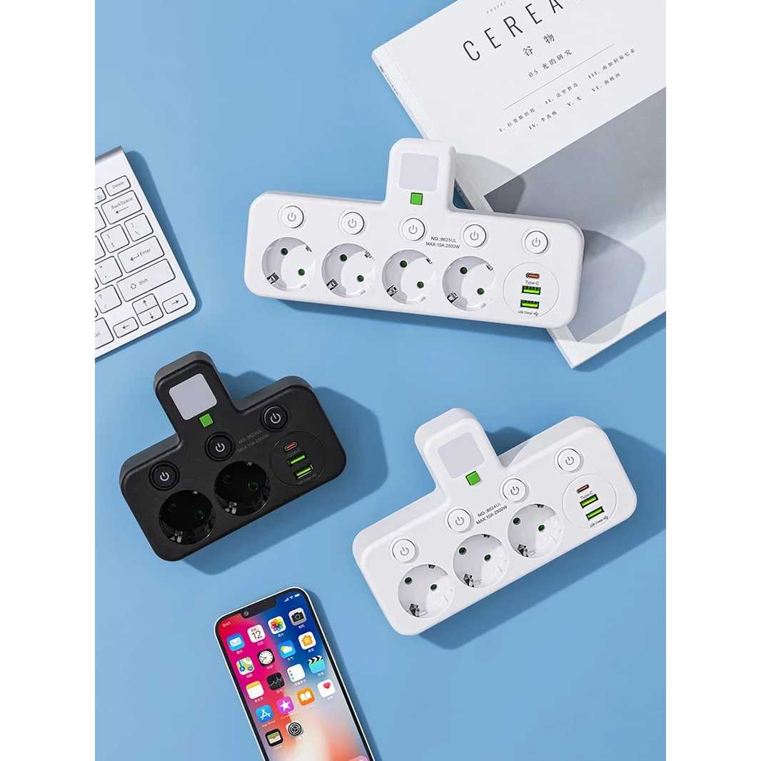 Taffware Stop Kontak 4 Lubang USB Type C EU Plug 10A 110-250V 2500W - EU-8625UL