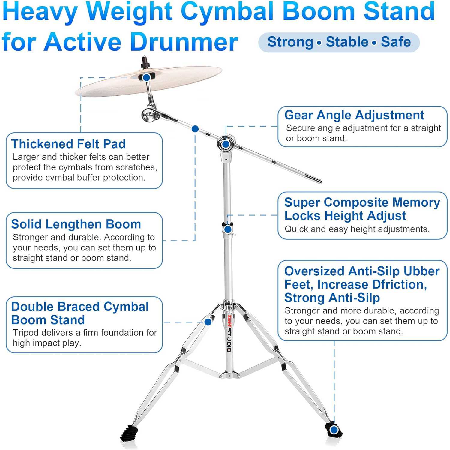 TaffSTUDIO Drum Cymbal Stand Heavy Duty Adjustable Double Braced - FM-CST